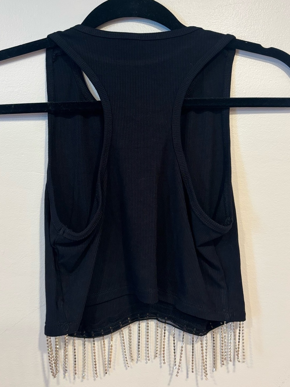 Black Cropped Tank Silver Rhinestone Fringe Sleeveless Racerback Top Women's S - Picture 3 of 7